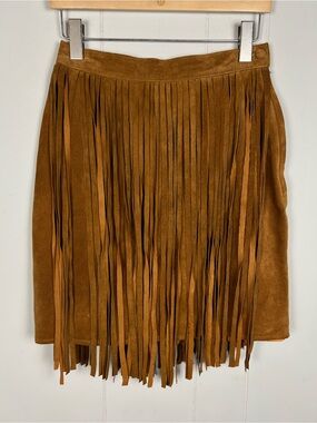 Cedars Vintage 100% Suede Leather Fringed  Skirt in Gorgeous Brown 26.5” Waist